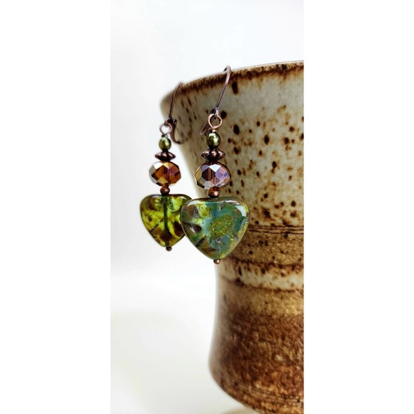 Earthy Green Triangle Earrings, Handmade - Picture 2 of 9